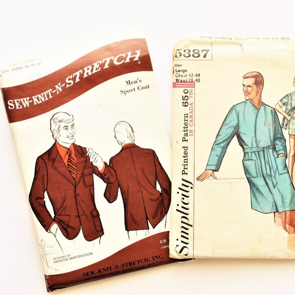 Vintage Sewing Patterns Men's Clothing Lot of 4 Shirts Robe Knit Sport Coat PJ's - Picture 3 of 5